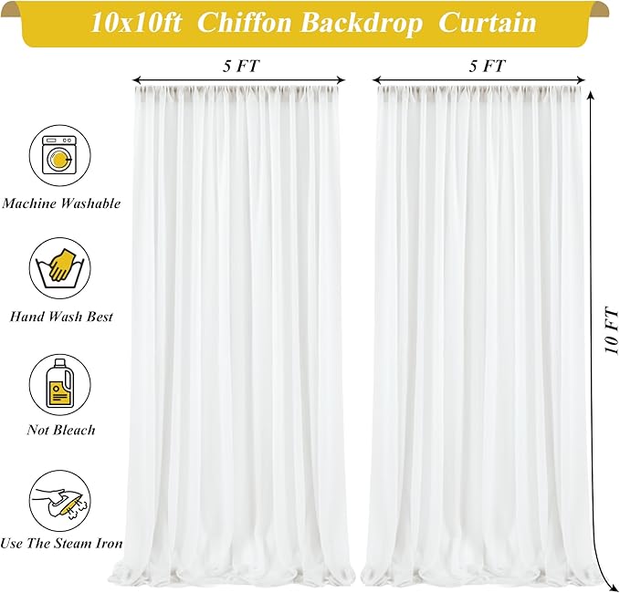 10x10ft Cream White Chiffon Backdrop Curtain with Lights String for Wedding Parties, Sheer Photo Backdrop Curtains for Baby Shower Bridal Shower Birthday Party Ceremony Reception