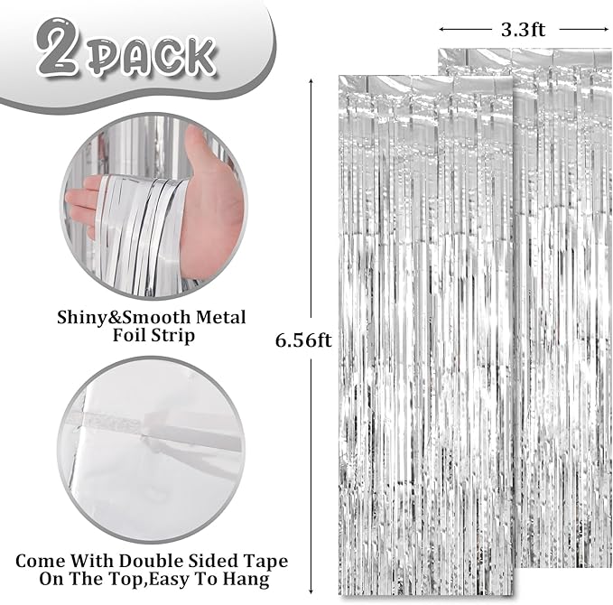 2 Pack Silver Tinsel Foil Fringe Curtains, Silver Party Decorations, Metallic Tinsel Party Streamers Backdrop for Birthday Baby Shower Graduation Wedding Bachelorette Party Decorations