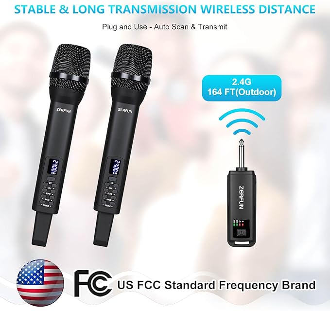 Rechargeable Wireless Microphones Dual, Pro Handheld Cordless Mics System Dynamic with Echo Treble BASS VOL Control for Karaoke Singing Church Party, 1/4'' Output, D240, Black