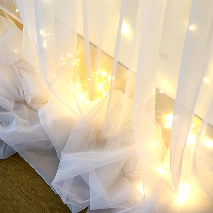 White Backdrop Curtains with Lights String for Wedding Parties 10×10ft Sheer Tulle Backdrop Curtain for Bridal Shower Baby Shower Birthday Party Photo Shoot Background Decorations(2 Panels 10ft×10ft)