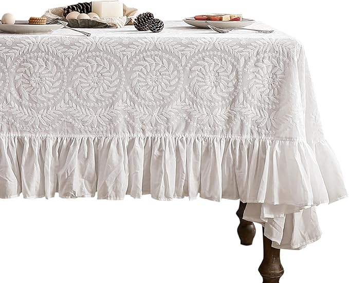 patdrea Vintage Ruffle Tablecloth for Square Tables,Farmhouse Embroidered Cotton White Lace Table Cloth Cover Decor for Dining Room Wedding Banquet Thanksgiving Christmas,51"*51"