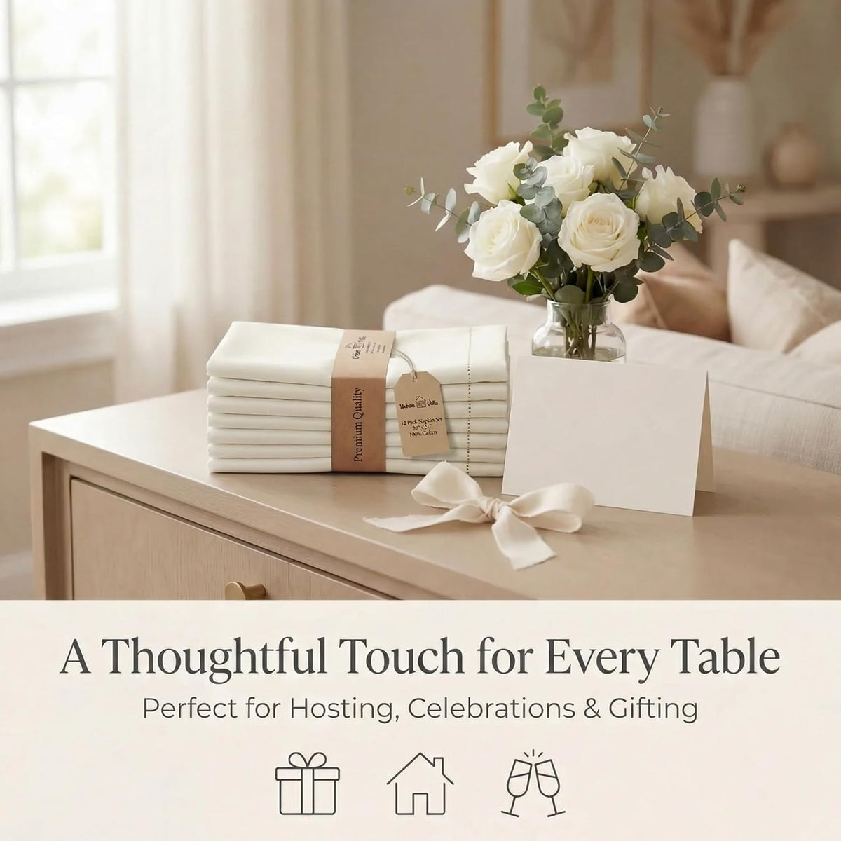 Urban Villa Cloth Napkins Ivory Hemstitch Dinner Napkins Set of 12 (20X20) 10...