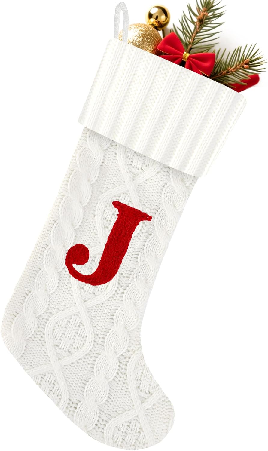 Christmas Stockings with Initials,20 Inches Large White Embroidered Monogram Knitted Christmas Stockings with Letter,Personalized Xmas Stockings for Fireplace Family Holiday Decor(Letter J,White)