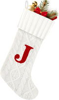 Christmas Stockings with Initials,20 Inches Large White Embroidered Monogram Knitted Christmas Stockings with Letter,Personalized Xmas Stockings for Fireplace Family Holiday Decor(Letter J,White)