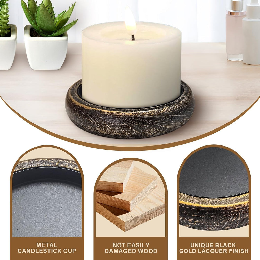 Candle Holder for Pillar Candle Set of 2, Farmhouse Wood Candle Plate, Rustic Wooden Candle Stand, Candles Tray Decorative for Living Room, Table Centerpiece, Black Gold