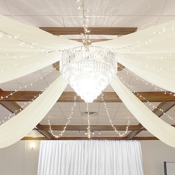 6 Panels Ivory Ceiling Drapes for Wedding 5ftx10ft Chiffon Fabric Arch Draping Curtains Sheer Drapery for Party Ceremony Birthday Baby Shower Reception Stage Swag Ceiling Decorations