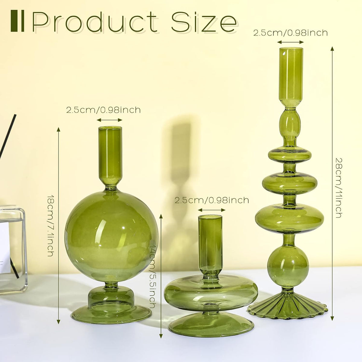 Rtteri 3 Pcs Glass Candle Holder Candlesticks Holders, Green