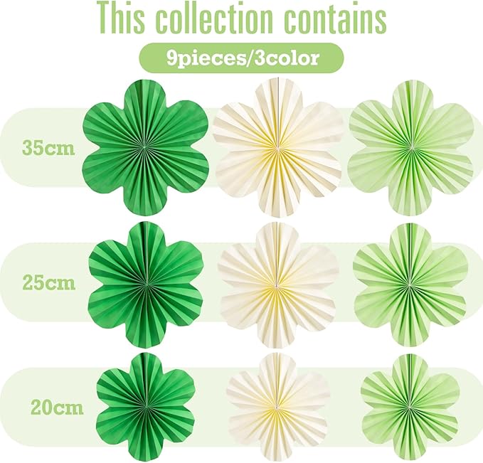 SUNBEAUTY Paper Flowers Decorations for Wall Paper Fans Classroom Decoration Paper Floral Backdrop Decor Paper Fans Decoration Hanging Paper Fans Green Flower Wall Decor,Set of 9