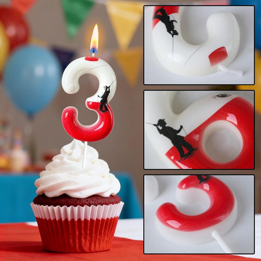 Fishing Birthday Candle Number 30 for Men, Red and White Bobber Cake Topper, Dad Grandpa Cake Decoration