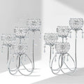 4 Arms Crystal Candelabra Tealight Holder - Tall 15.7 Inch Elegant Tabletop Centerpiece with Crystal Pendant Bowls & Artistic Metal Stand for Wedding, Dining Table, Home Decor (2, Silver)
