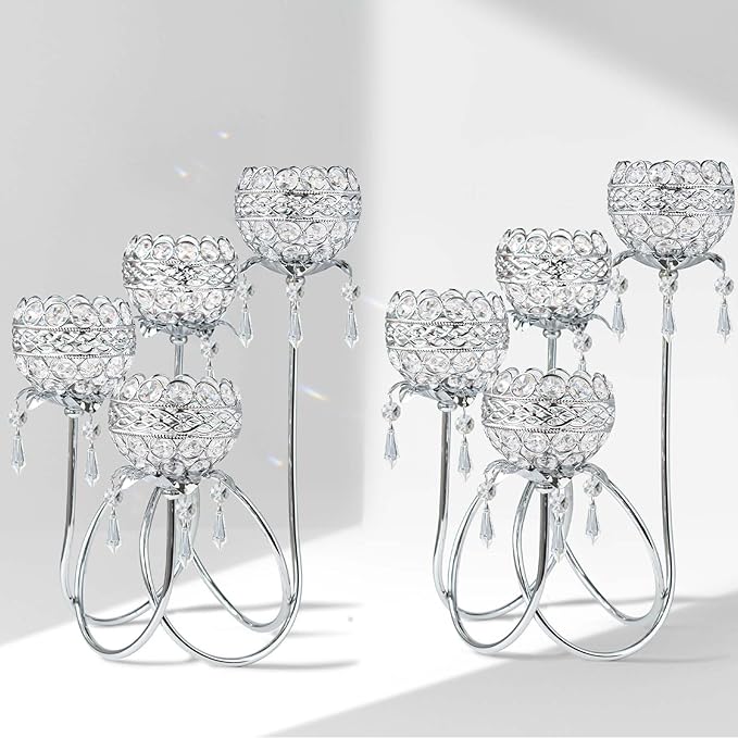 4 Arms Crystal Candelabra Tealight Holder - Tall 15.7 Inch Elegant Tabletop Centerpiece with Crystal Pendant Bowls & Artistic Metal Stand for Wedding, Dining Table, Home Decor (2, Silver)