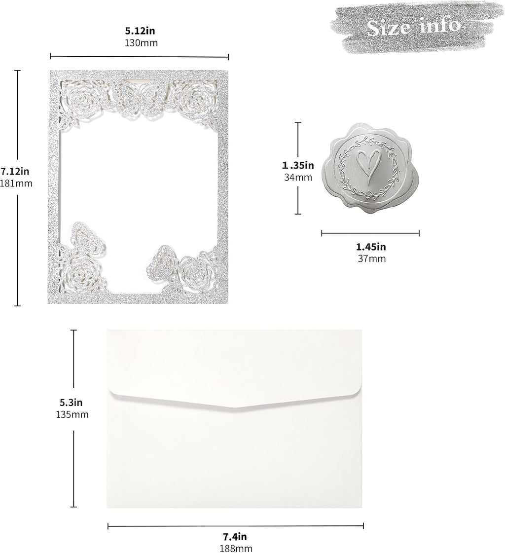 DORIS HOME 50Pcs Glitter Silver Butterfly Quinceanera Invitations, 5" x 7" | Laser Cut, For Quinceanera, Sweet 16, Miss XV, No Inserts Included