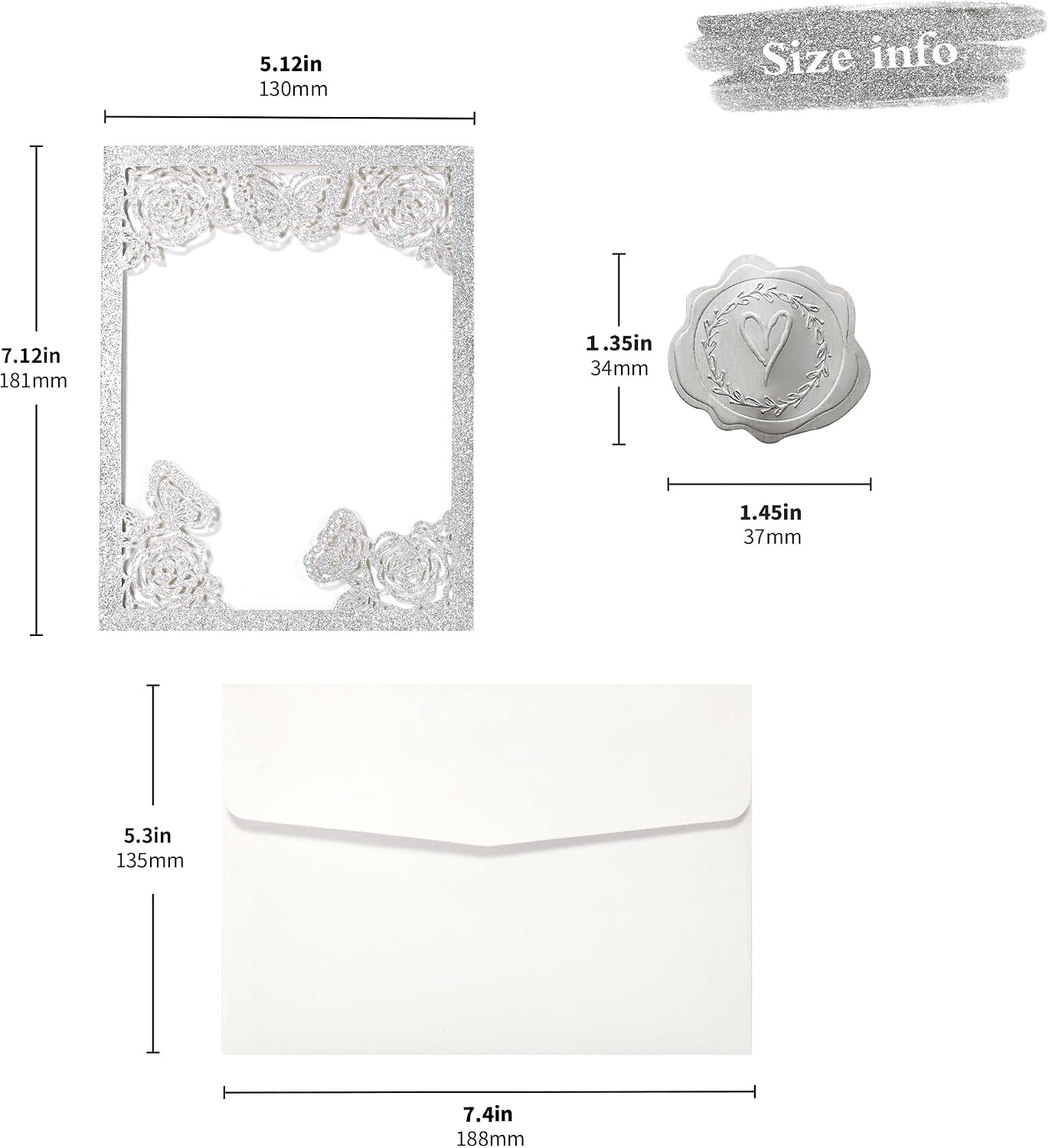 DORIS HOME 50Pcs Glitter Silver Butterfly Quinceanera Invitations, 5" x 7" | Laser Cut, For Quinceanera, Sweet 16, Miss XV, No Inserts Included
