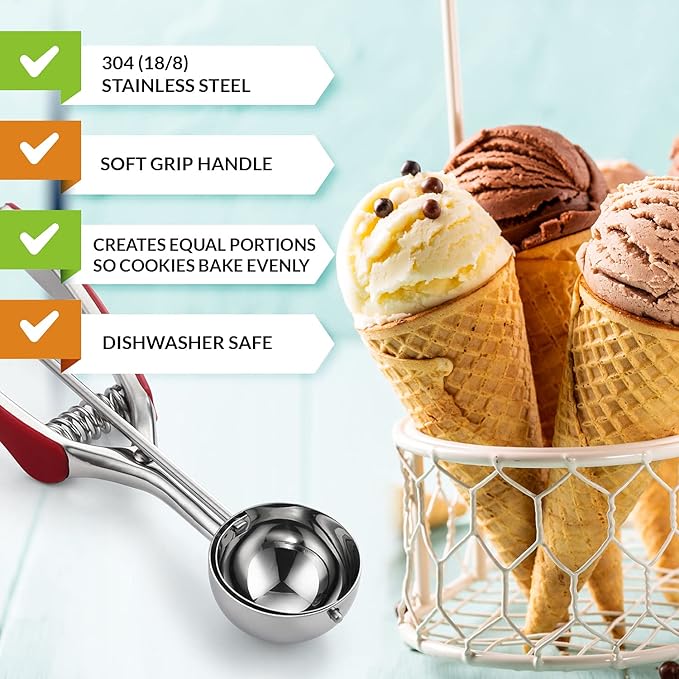 Spring Chef Red Medium 1.7 Tbsp Cookie Scoop for Baking - Stainless Steel #40 Melon Baller Scoop with Trigger Release - Multifunctional Food Scooper for Kitchen - Dishwasher Safe Cookie Baller
