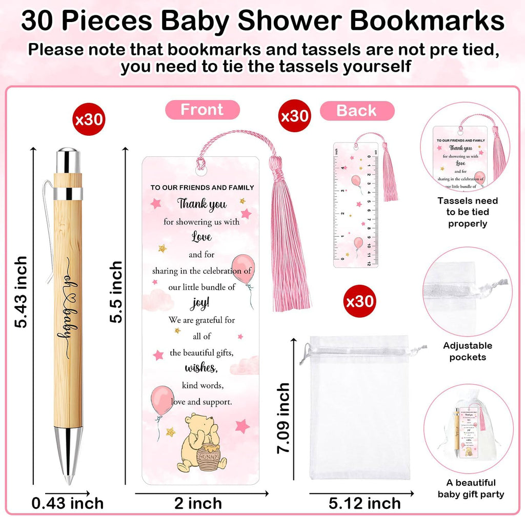 30 Sets Winnie Baby Shower Favors, The Pooh Babies Shower Gift for Guests, Includes 30 Babies Ballpoint Pens 30 Winnie Thank You Bookmarks 30 Organza Bags for Winnie Gender Reveal Gifts Guest Prizes