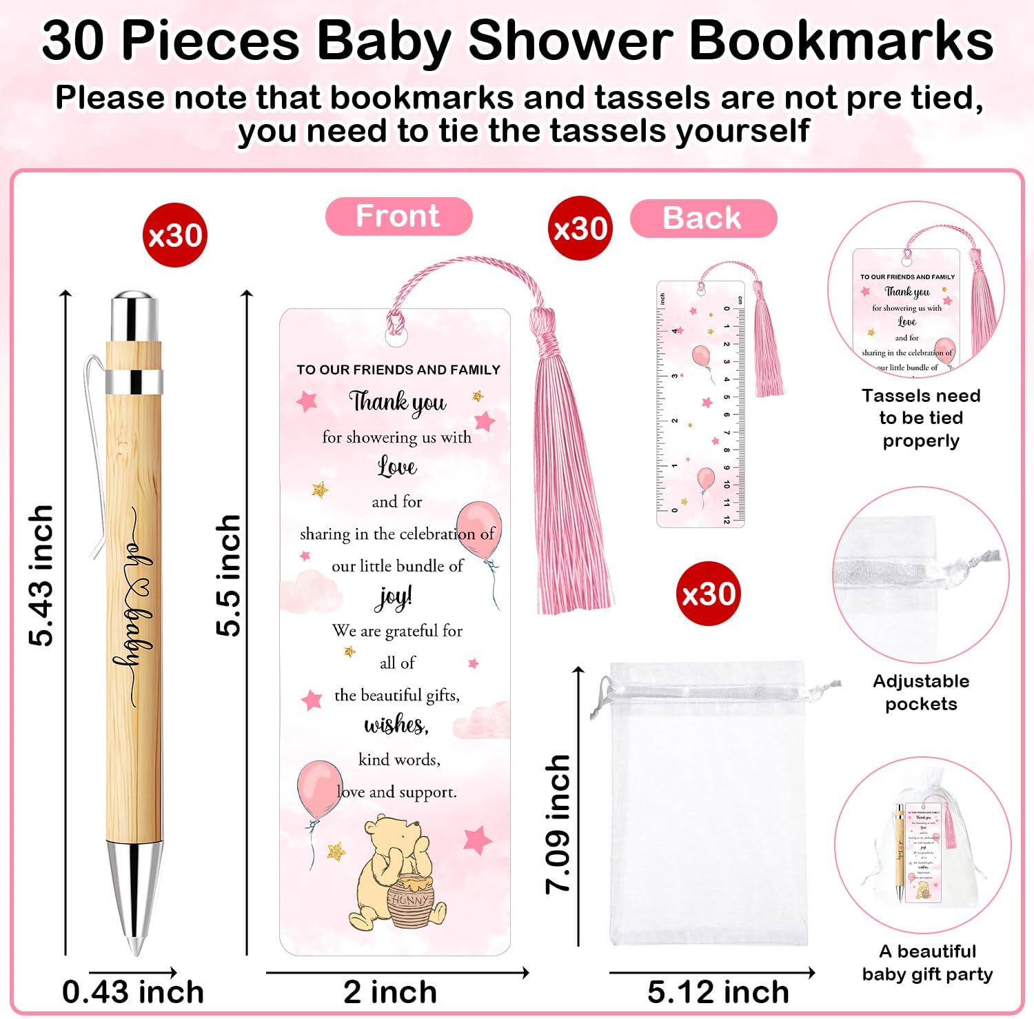30 Sets Winnie Baby Shower Favors, The Pooh Babies Shower Gift for Guests, Includes 30 Babies Ballpoint Pens 30 Winnie Thank You Bookmarks 30 Organza Bags for Winnie Gender Reveal Gifts Guest Prizes