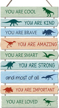 Dinosaur Wall Decor for Boys Room, 9-Piece Inspirational Wooden Signs with Positive Affirmations, Dino Nursery Decor for Toddler Kids Bedroom, Baby Boy Room Art with Motivational Quotes