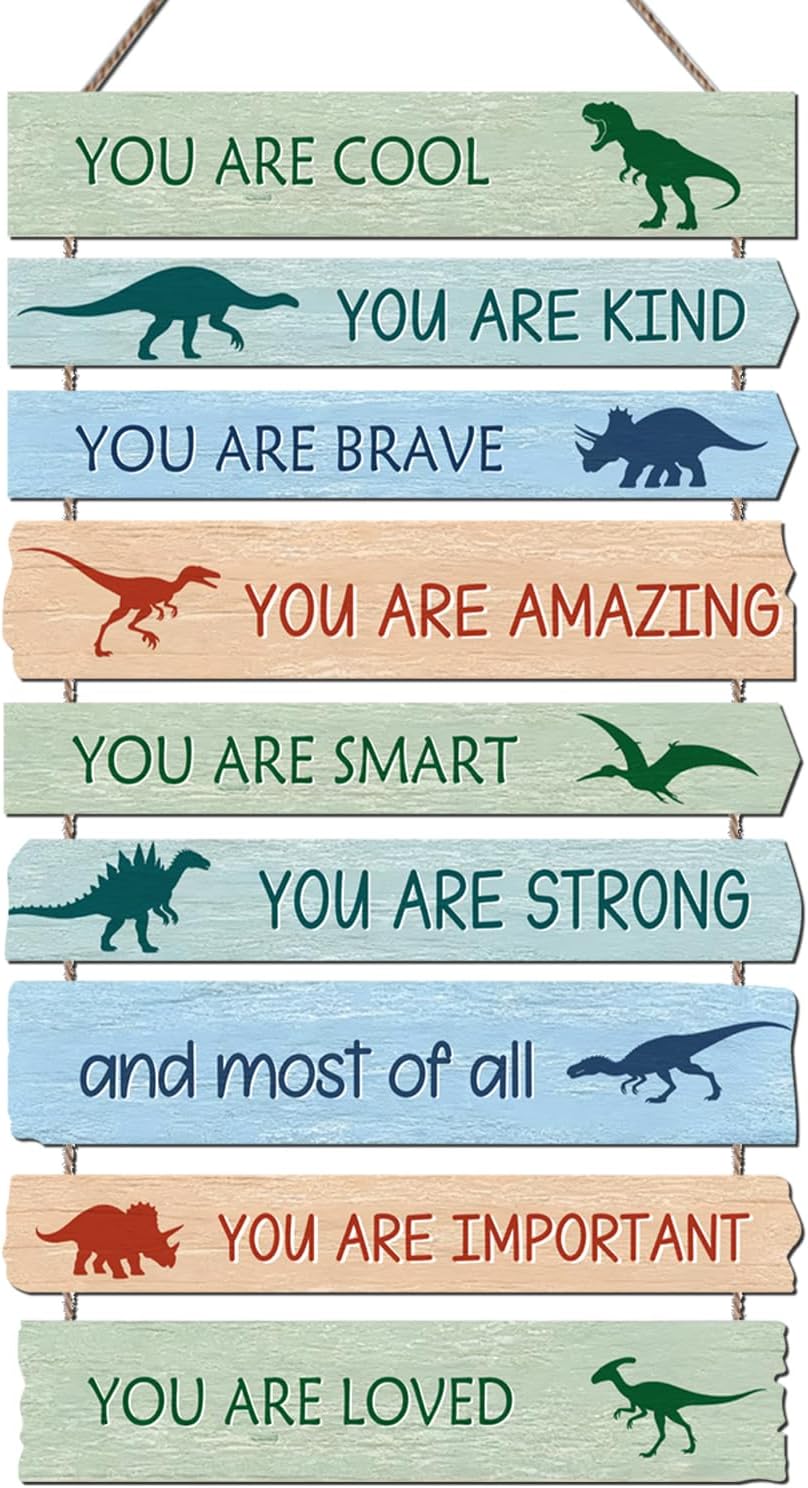 Dinosaur Wall Decor for Boys Room, 9-Piece Inspirational Wooden Signs with Positive Affirmations, Dino Nursery Decor for Toddler Kids Bedroom, Baby Boy Room Art with Motivational Quotes