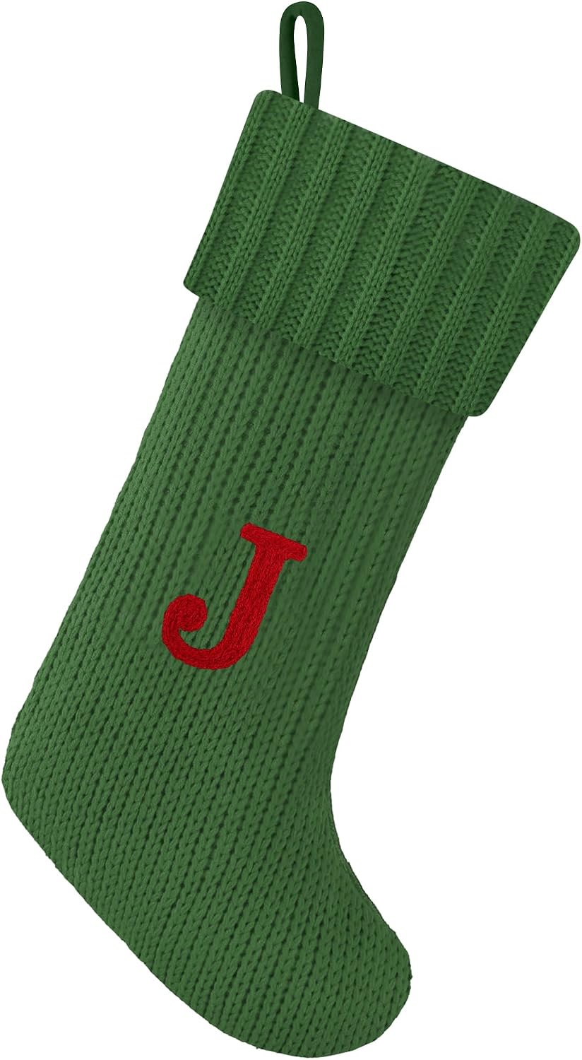 Christmas Stockings with Initials, 20 Inches Knitted Green Christmas Stockings with Monogram, Large Cable Knitted Stockings for Fireplace Holiday Family Party Decor(Green,J)