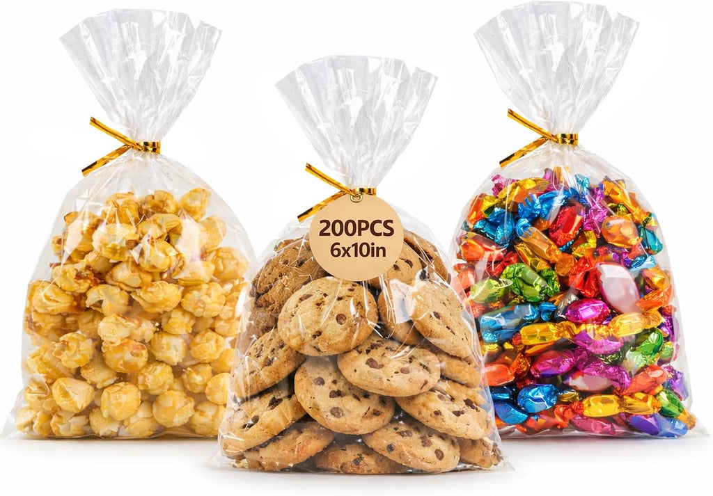 WIKDAY Cellophane Treat Bags with Ties 6x10 Inches 200 PCS Clear Plastic Gift Bags for Party Favor, Candy, Snack, Gift Giving, Packaging Products