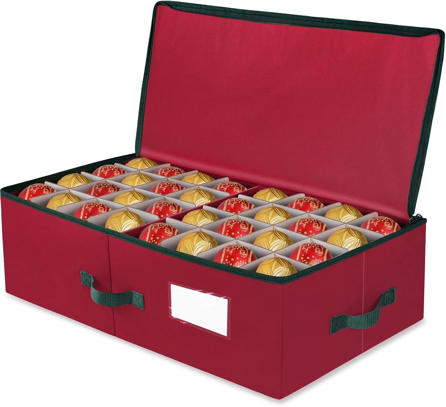 BlessedSeason Christmas Ornament Storage Box -Stores Up to 64 3” Balls, Holiday Ornaments Storage with Adjustable Dividers, Visual ID Window, Dual Zipper, Handles, Stackable, Foldable Fabric Organizer