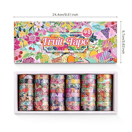 48 Rolls Fruit Theme Washi Tape Set, Writable Decorative Tapes for Scrapbooking, Bible Journaling, Bullet Journaling, 0.39"x79" per Roll