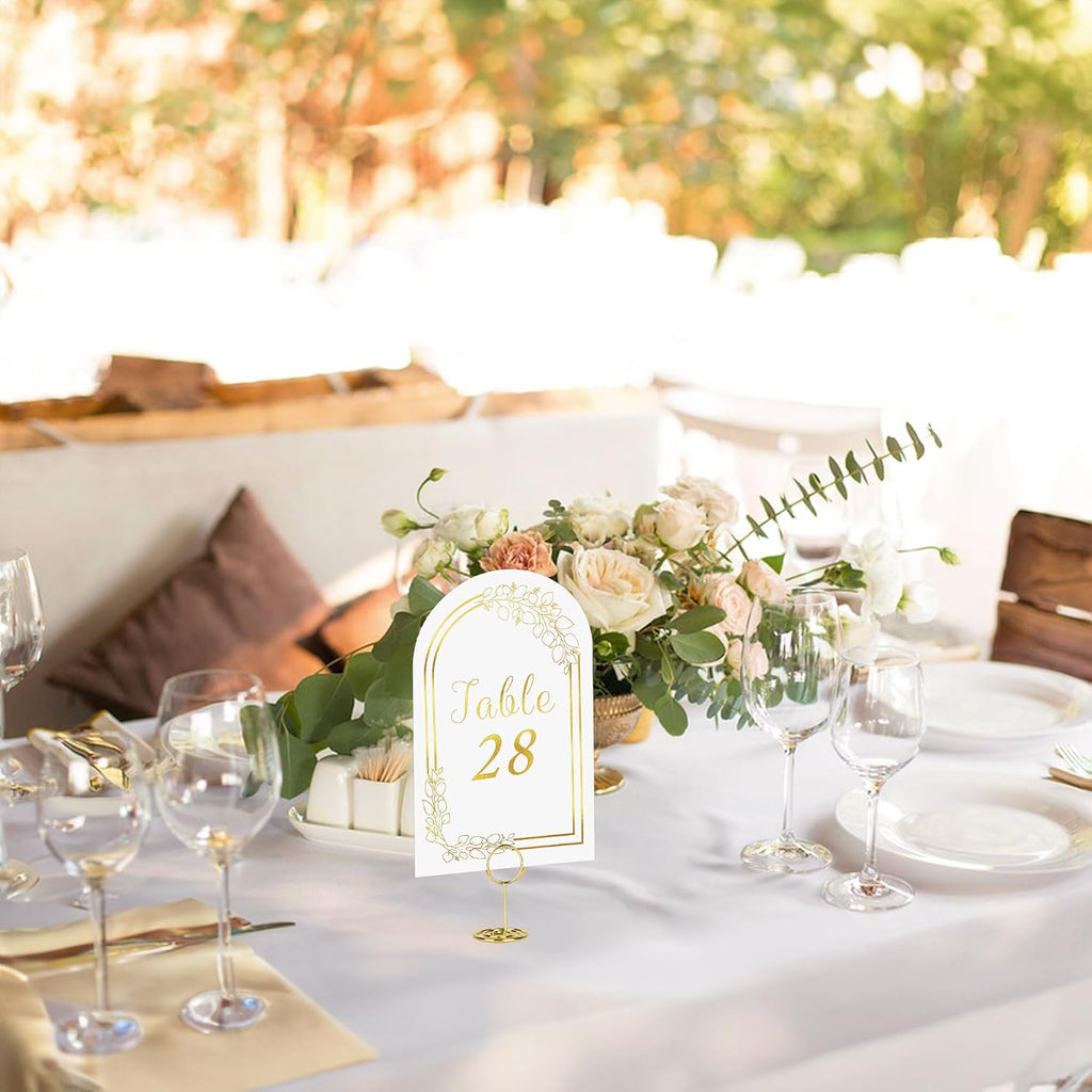 JOYIT 20 Sets Wedding Table Numbers 1-20 with 20 Pcs Holders, White Gold Cards with Place Card Holders, 4" x 6" for Wedding Reception and Birthday