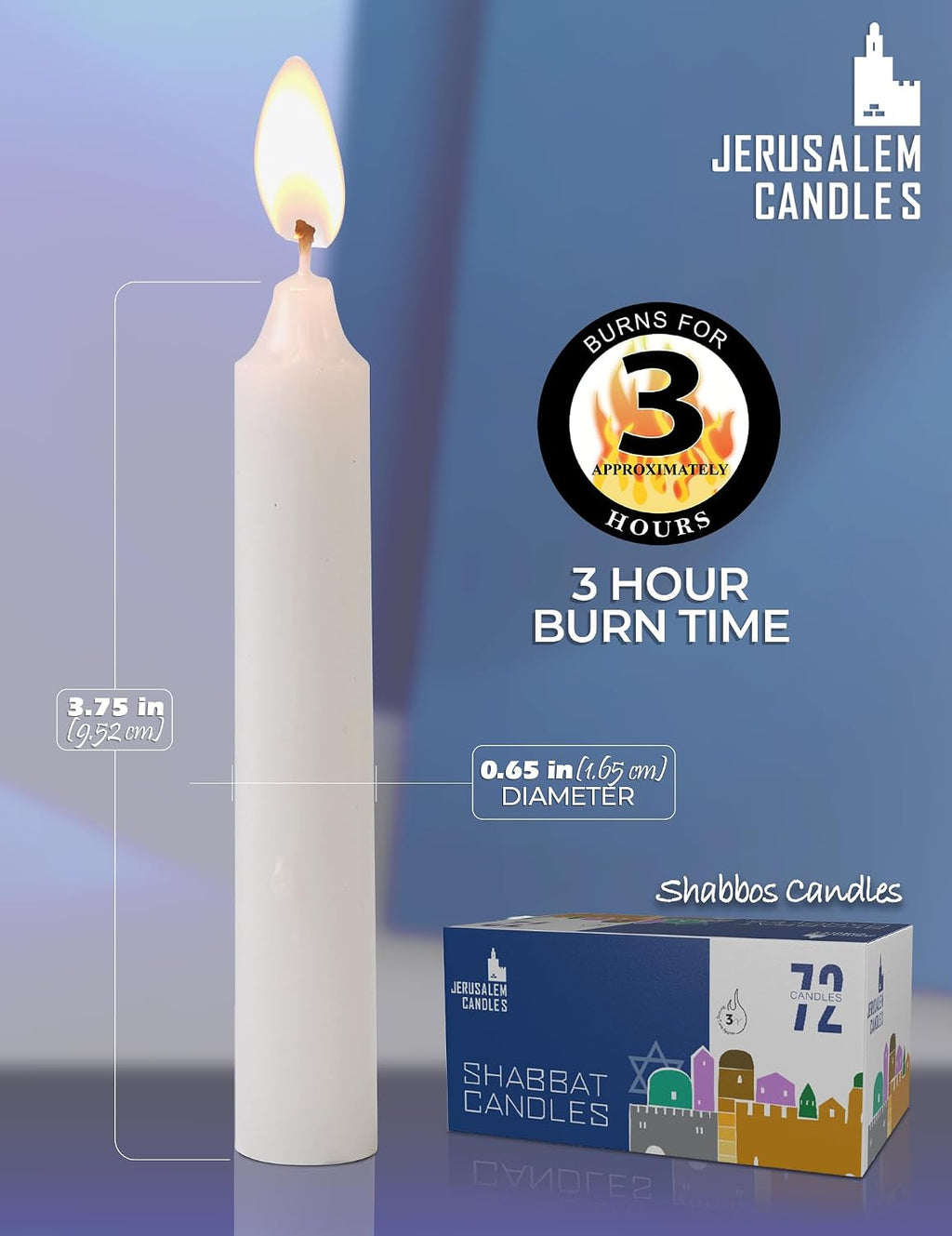 Jerusalem Candles - Traditional Shabbos Candles - 3 Hour - 2-Pack x 72 Candles (144 Candles)