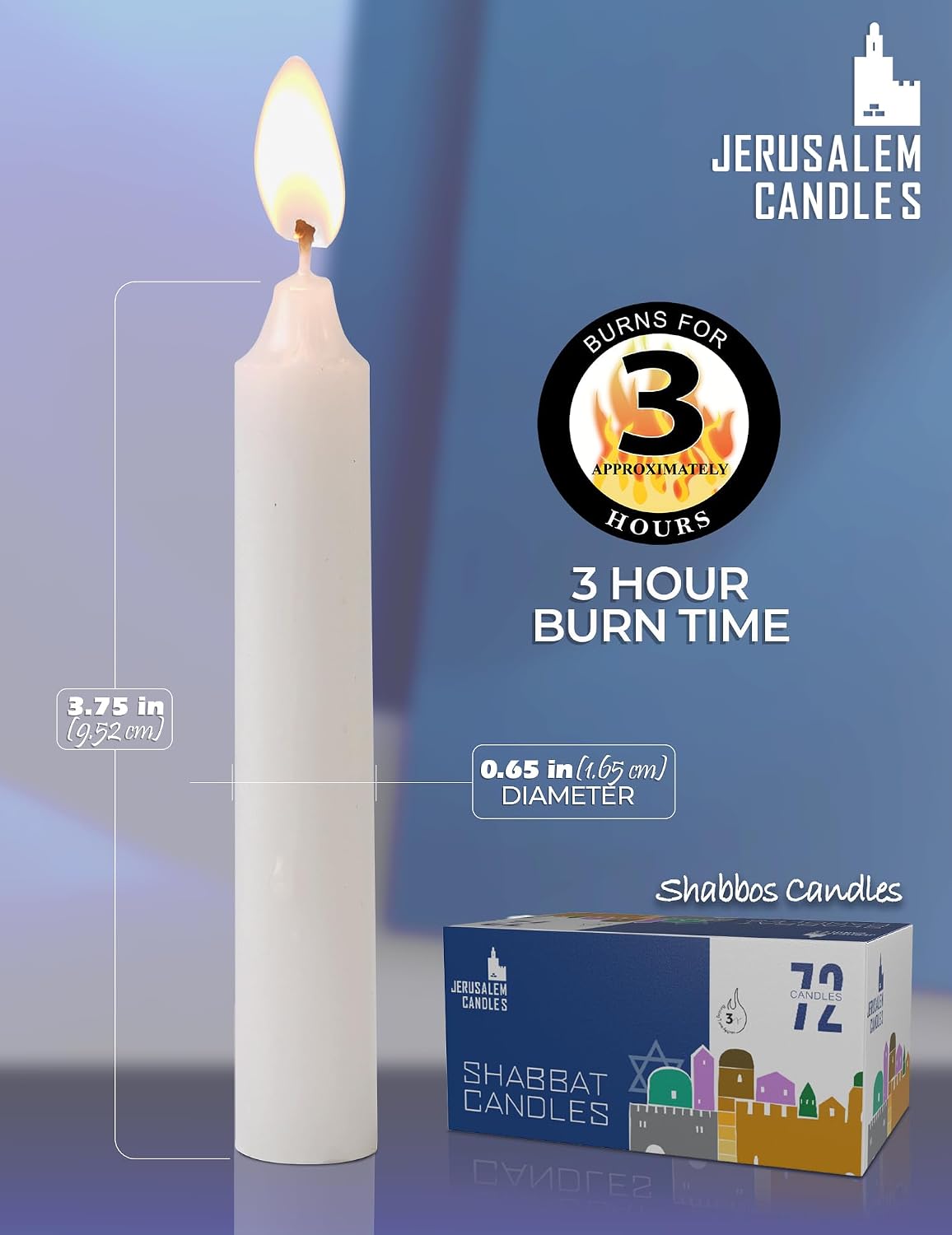 Jerusalem Candles - Traditional Shabbos Candles - 3 Hour - 2-Pack x 72 Candles (144 Candles)