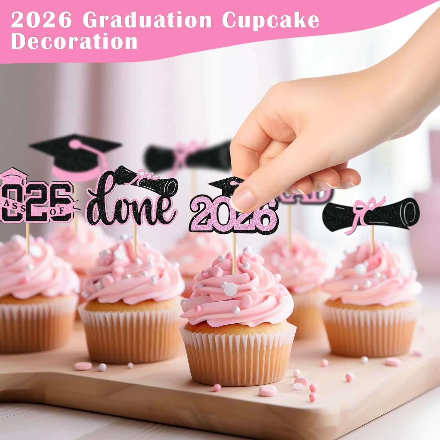 Pink Graduation Cupcake Toppers 2026, 36pcs Glitter Class of 2026 Cupcake Toppers for Graduation Party Decoration Grad Cap Diploma Done Congrats Grad Picks for Food Dessert Party Supplies