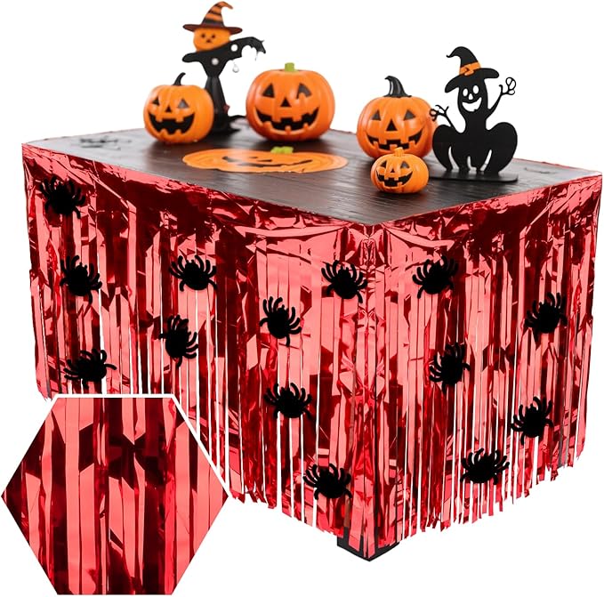 28x106 Inch Red Sequin Tablecloth for Halloween Decorations, Metallic Tinsel Foil Fringe Table Skirt, Rectangle or Round Tables Decor, Table Cover, Spider Decorations for Halloween Party