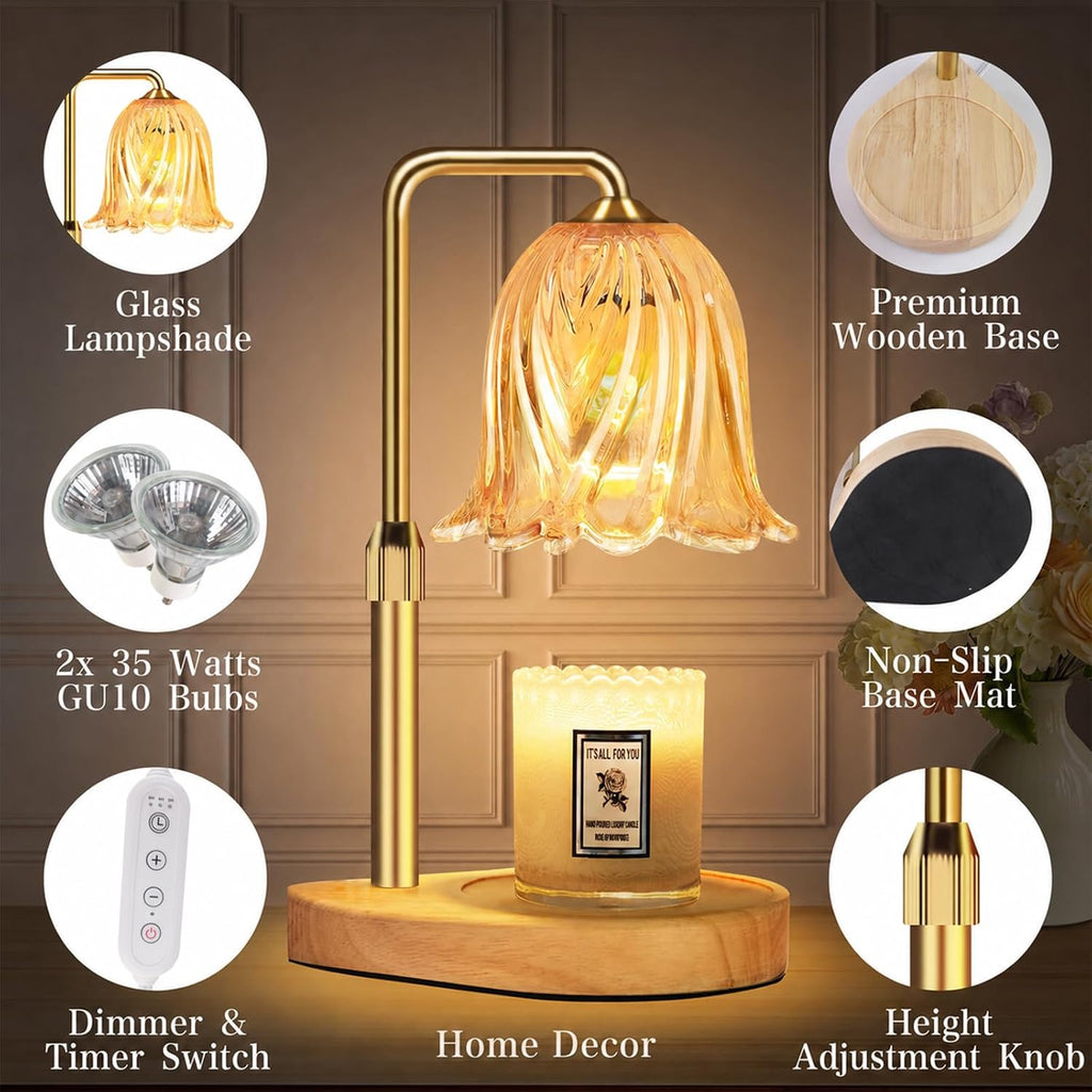 Candle Warmer Lamp with Timer Dimmable: Birthday Gifts for Women Adjustable Height Candles Light Warmers Lamps Gold Crystal Candle Warmer, House Warming Gift New Home Decor, for Women