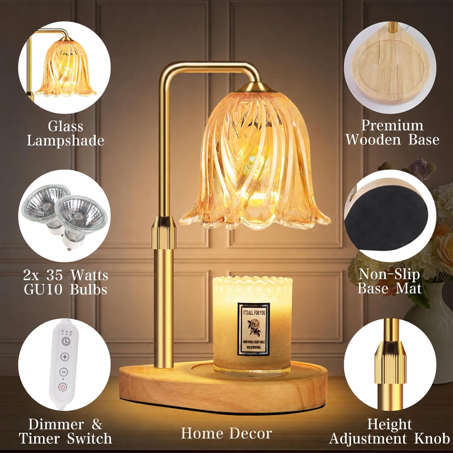 Candle Warmer Lamp with Timer Dimmable: Birthday Gifts for Women Adjustable Height Candles Light Warmers Lamps Gold Crystal Candle Warmer, House Warming Gift New Home Decor, for Women