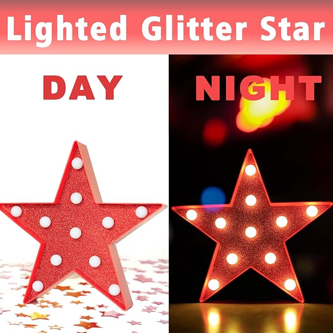 Pooqla Star Marquee Lights, Glitter LED Marquee, Red Light Up Star - Battery Powered Night Light for Birthday Party, Wedding, Christmas Decoration