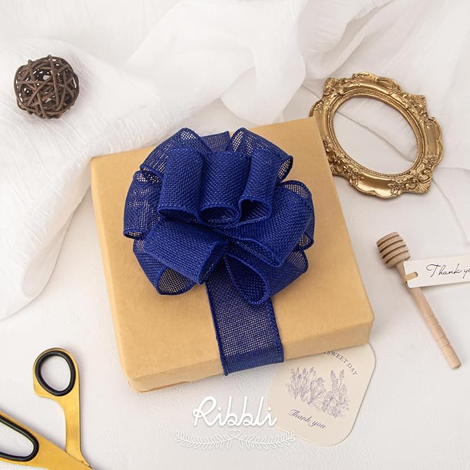 Ribbli Royal Blue Burlap Wired Ribbon,1-1/2 Inch x 10 Yard,Dark Blue Wired Edge Ribbon for Big Bow,Wreath,Tree Decoration,Outdoor Decoration