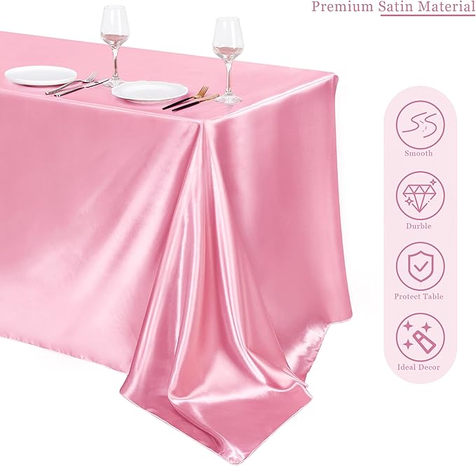 TURSTIN 1 Pack Pink Satin Tablecloth 102 x 58 Inch Overlay Satin Table Cover Rectangle Bright Silk Tablecloth Smooth Fabric Table Decoration for Wedding Banquet Party Events