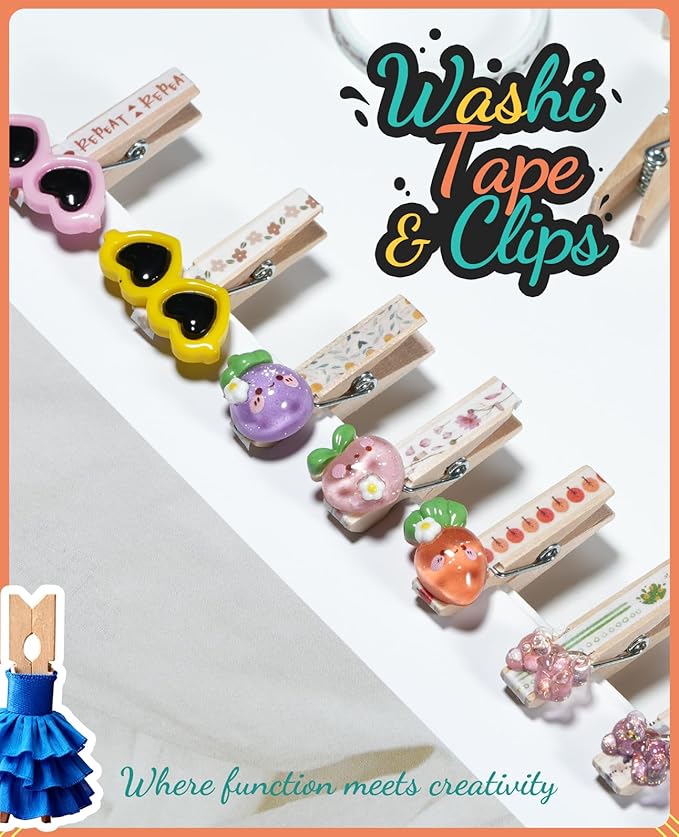 Mini Clothespins, Sopito 100 Pcs 1.4'' Strong Wooden Mini Clips for Photos with 10 Pcs Washi Tapes and 43 Ft Jute Twine, Colorful Small Clothes Pin for Picture, Crafts, Baby Shower