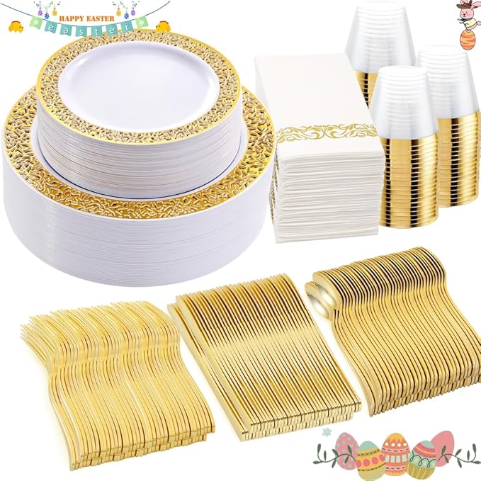 WELLIFE 350Pcs Gold Dinnerware Sets, Plates and Napkins Party Supplies Include:50 Dinner Plates, 50 Dessert Plates, 50 Paper Napkins, 50 Cups, 50 Gold Plastic Cutlery Set