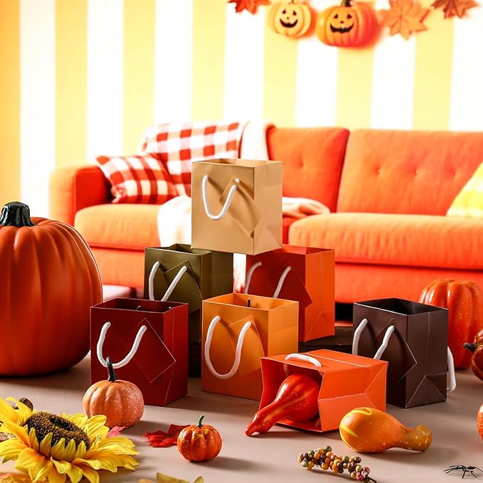 Sherr 100 Pcs Mini Gift Bags Bulk, 4 x 2.75 x 4.5 Inches Paper Bags with Tags, Extra Small Paper Gift Boxes with Handles for Birthday, Party Favors, Weddings, Small Business (Fall Color)