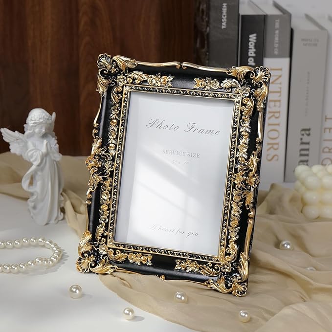Cuspin Vintage Black and Gold Picture Frame 5x7, Ornate Baroque Resin Handcrafted Picture Frames with Glass Front, Antique Textured Design Decorative Frame for Tabletop & Wall Display