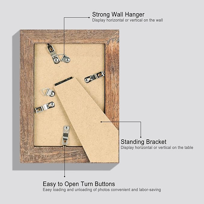 5x7 Picture Frame Set of 4, High Definition Real Glass Rustic Brown Frame, 5 x 7 Wood Photo Frames for Tabletop Display and Wall Mounting
