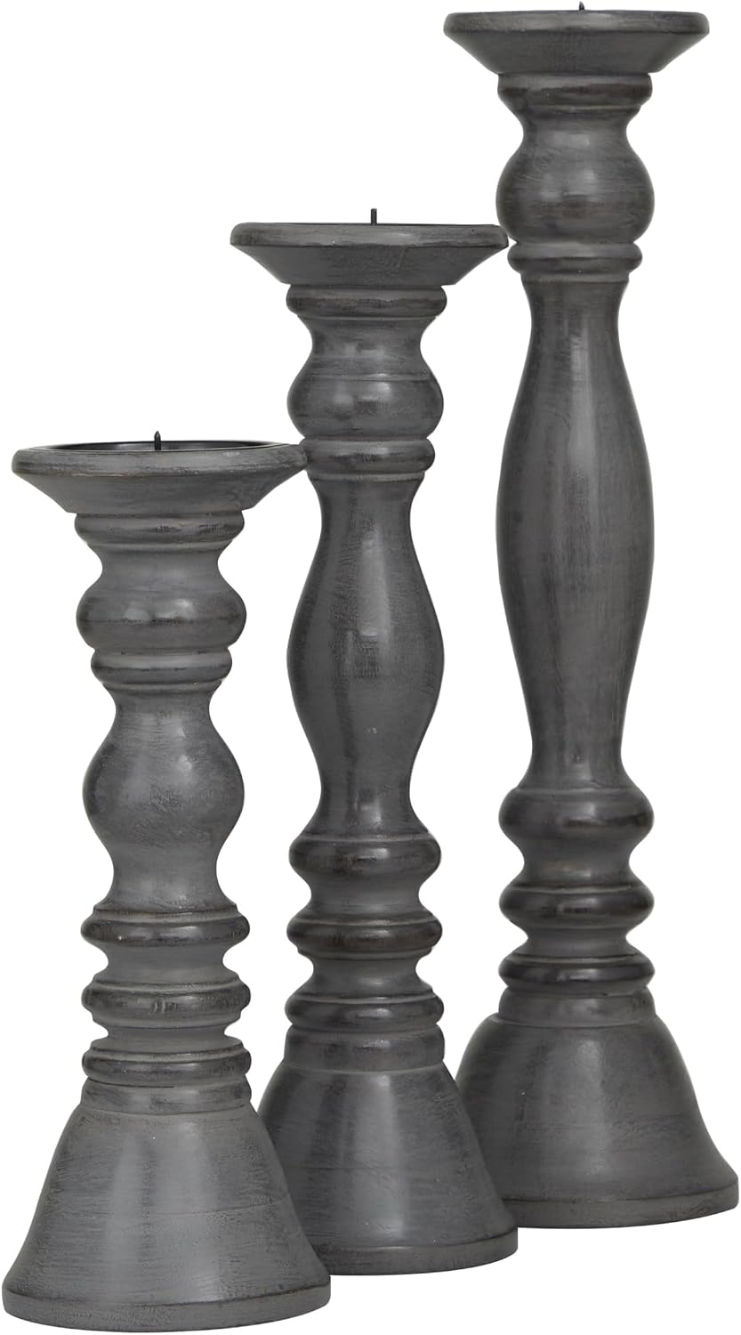Deco 79 Wood Decorative Candle Holder Candle Stand, Set of 3 Candlestick Holder 18, 15, 12" H, Gray