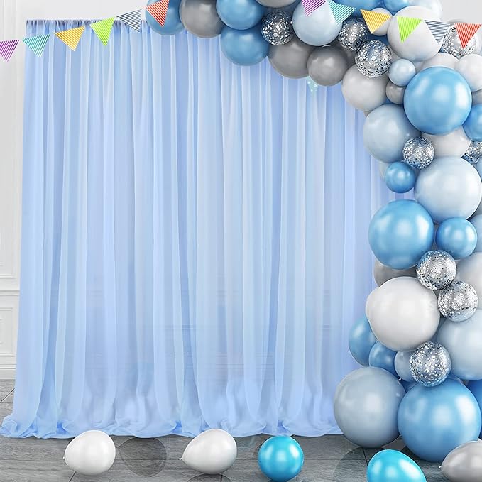 PARTISKY 10ftx7ft Blue Chiffon Backdrop Curtains, Wrinkle-Free Sheer Fabric Photo Drapes for Wedding Ceremony Arch Birthday Baby Shower Photography Stage Decor 5ft x 7ft, 2 Panel