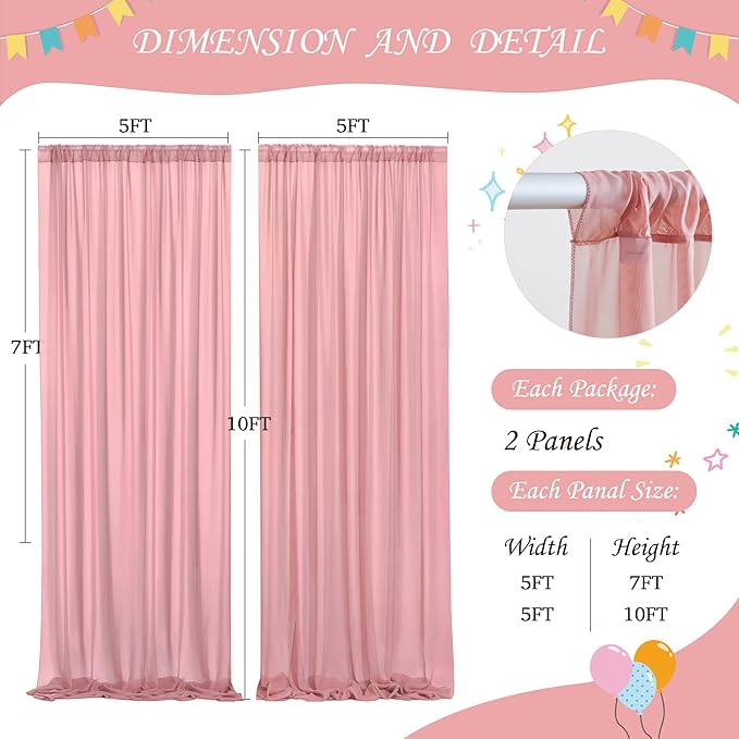 10ft x 10ft Dusty Rose Chiffon Backdrop Curtain with Lights String for Parites Wedding Wrinkle Free Curtain Photo Backdrops Drapes for Baby Shower Birthday Party Home Decorations