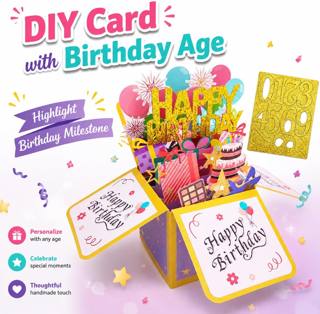 ROBBEAR Happy Birthday Pop Up Card with Birthday Age Design, DIY Card Highlight Birthday Milestone, 3D Birthday Gift Box for Adults and Kids with Envelopes, A Unique Card for Daughter, Son, Mom, Dad, Friend