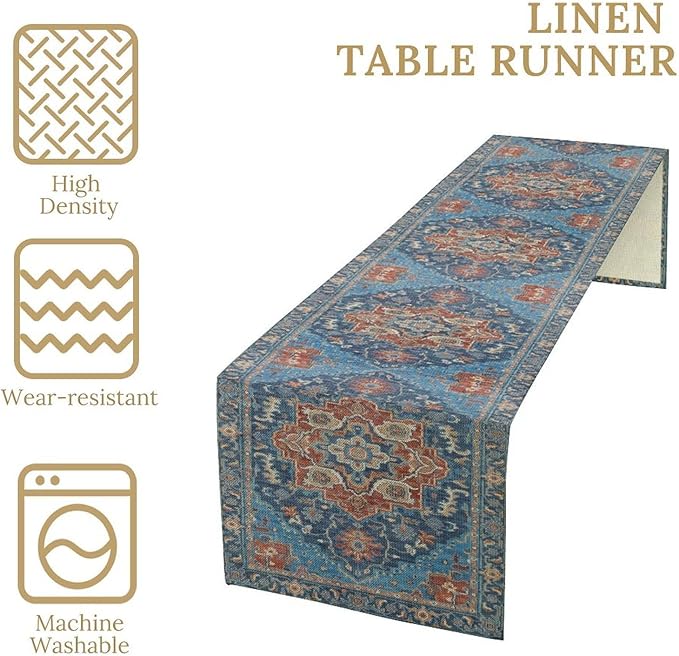Boho Floral Vintage Table Runner, Retro Abstract Blue Flower Rustic Country Farmhouse Pattern for Home Kitchen Table Decor Dining Coffee Room Party Decor 13x108in