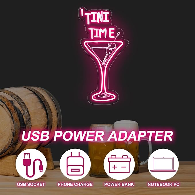 Tini Time LED Neon Sign, Martini Neon Sign for Bars, Elegant Cocktail Glass Neon, Martini Cocktail Bar Wall Decor, Bar Wall Art, Pub neon, 16.5"x8.7", Pink