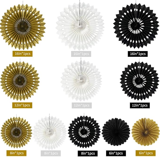 BEISHIDA Black Gold White Hanging Honeycomb Round Paper Fans Decoration Set for New Year Baby Shower Birthday Wedding Bachelorette Photo Booth Backdrops Anniversary Paper Party Supplies（11packs）