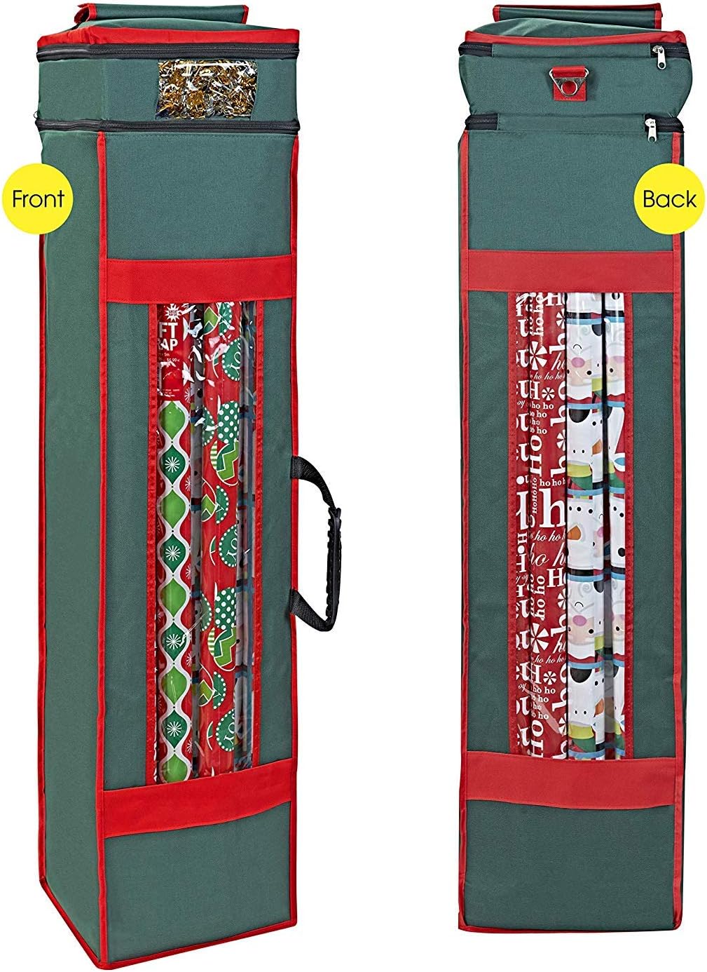 ProPik Christmas Wrapping Paper Storage Organizer Bag with Pocket and Handles Including Hanging Loop Heavy Duty Material with Clear Window 47 x 10 x 10 Inch Fits 40" Long Rolls (Green, 1 Count)