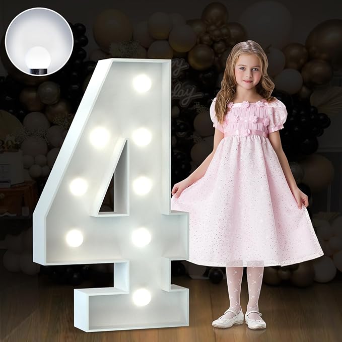 Marquee Numbers 3 Feet Tall Big Light Up Numbers 4 Year Old 14th 40th Birthday Decorations Girl Boy Women Men White Anniversary Party Decor Large Cardboard Prop Backdrop Sign 4